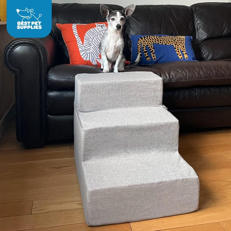 Latitude Run Foldable Foam Pet Steps For Small Dogs And Cats Portable Ramp Stairs For Couch Sofa And High Bed Climbing Non Slip Balanced Indoor Step Support Paw Safe Brown Linen 3 Step